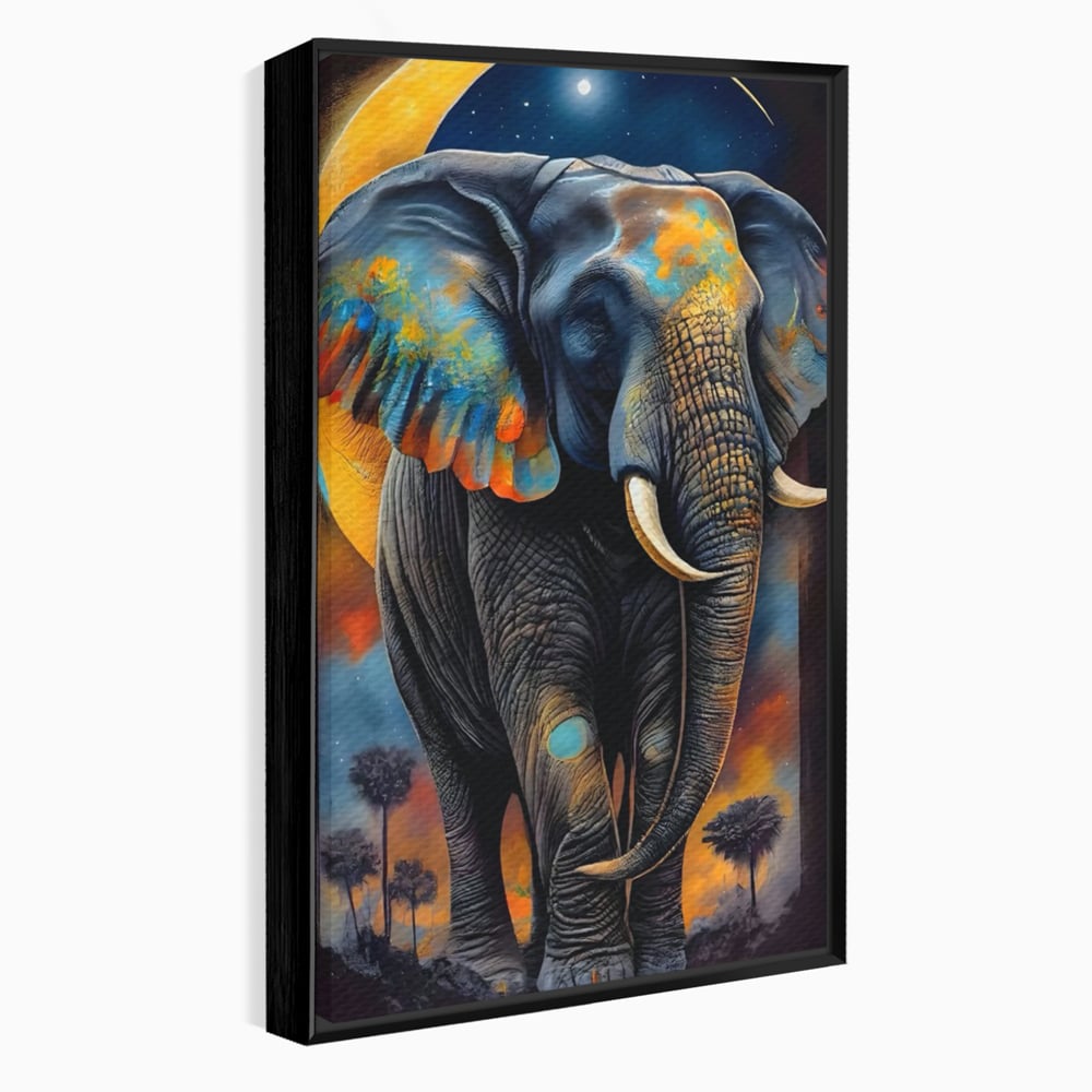 Tablou canvas cu tablou canvas cu elefant colorat si luna, in rama de aluminiu negru